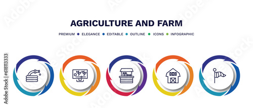 set of agriculture and farm thin line icons. agriculture and farm outline icons with infographic template. linear icons such as hose, smart farm, stall, house, vane vector.