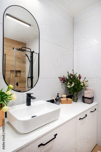 Slika na platnu bath accessories on countertop in domestic washroom with modern interior