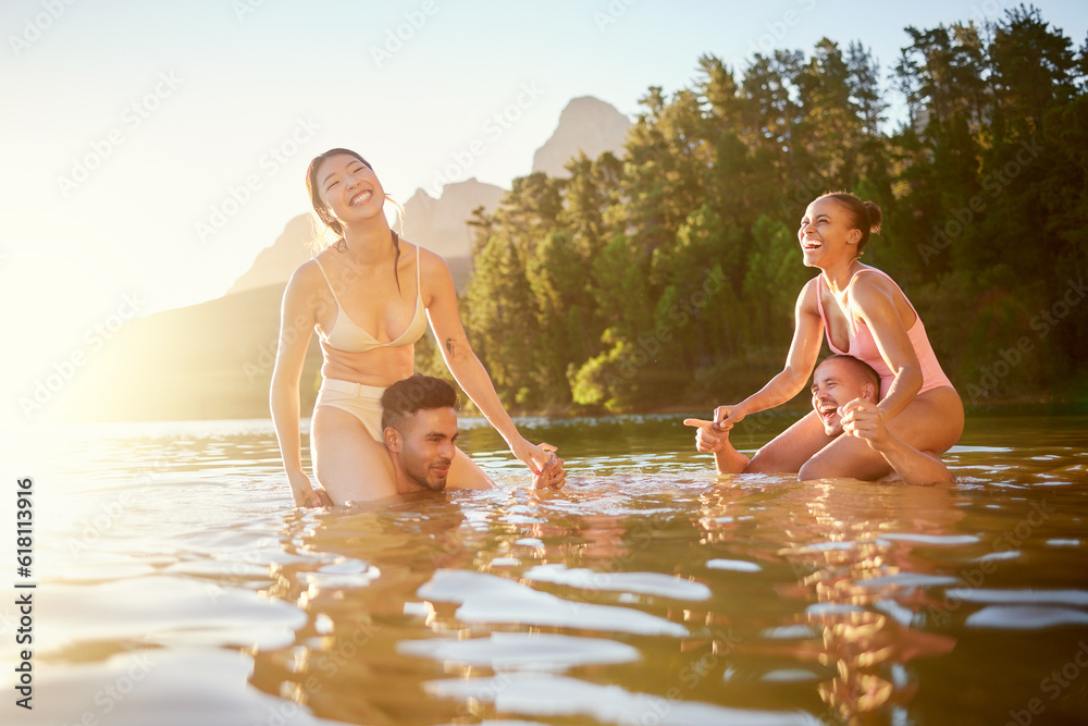 Lake, happy or friends in nature swimming with freedom, men or women in summer on camping break. Smile, funny joke or excited people outdoors in river water or dam for holiday travel or vacation trip Lake, happy or friends in nature swimming with freedom, men or women in summer on camping break. Smile, funny joke or excited people outdoors in river water or dam for holiday travel or vacation trip