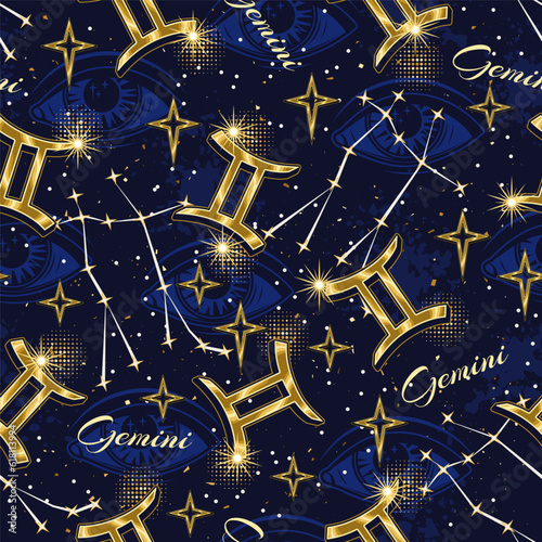 Seamless pattern with golden icon of zodiac sign Gemini, constellation with stars, text, third eye, all seeing eye on blue background. Esoteric concept. For prints, clothing, t shirt, surface design