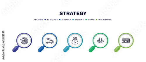 set of strategy thin line icons. strategy outline icons with infographic template. linear icons such as goal, logistics, money bag, teamwork, card vector.