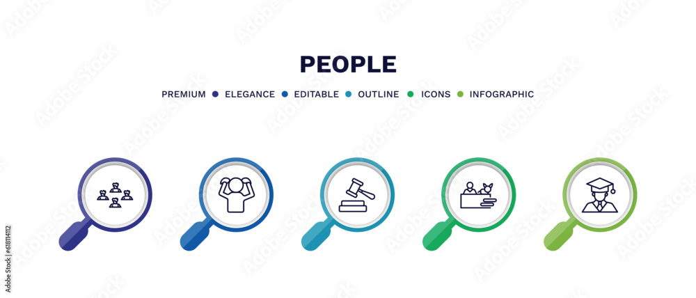set of people thin line icons. people outline icons with infographic template. linear icons such as team success, pulling hair, judge with hammer, vet with cat, graduating boy vector.