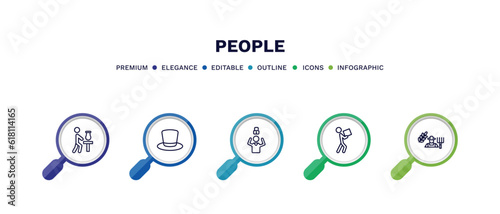 set of people thin line icons. people outline icons with infographic template. linear icons such as sculptor working, tall hat, man with open lock, men carrying a box, farmer working vector.