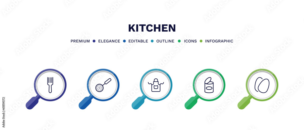 set of kitchen thin line icons. kitchen outline icons with infographic template. linear icons such as fork, skimmer, apron, conserve, eggs vector. set of kitchen thin line icons. kitchen outline icons with infographic template. linear icons such as fork, skimmer, apron, conserve, eggs vector.