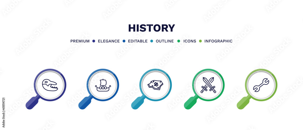 set of history thin line icons. history outline icons with infographic template. linear icons such as diaur, viking ship, fossil, swords, tool vector. set of history thin line icons. history outline icons with infographic template. linear icons such as diaur, viking ship, fossil, swords, tool vector.