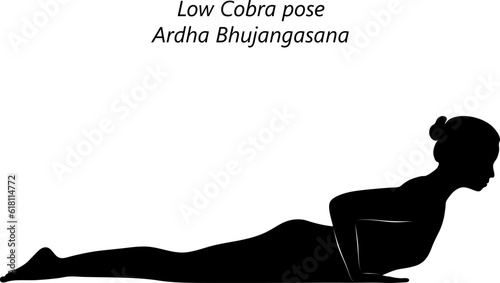 Black silhouette of young woman practicing yoga, doing Low Cobra pose or Baby Cobra pose. Ardha Bhujangasana. Backbend. Prone and Backbend. Beginner. Isolated vector illustration.