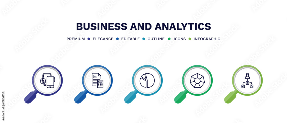 set of business and analytics thin line icons. business and analytics outline icons with infographic template. linear icons such as gadget, accounting, circular chart, polygonal chart, department