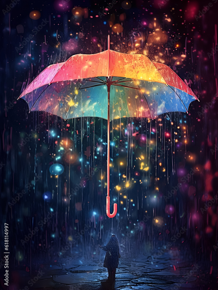 Person with umbrella in rain. Beautiful background. Illustration. Ai generation. Person with umbrella in rain. Beautiful background. Illustration. Ai generation.