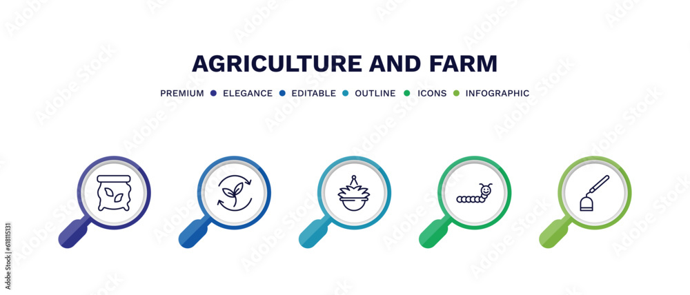 set of agriculture and farm thin line icons. agriculture and farm outline icons with infographic template. linear icons such as seed bag, crop rotation, hanging pot, caterpillar, hoe vector.