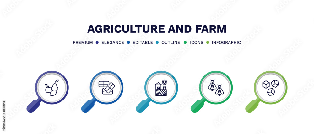 set of agriculture and farm thin line icons. agriculture and farm outline icons with infographic template. linear icons such as fruit, bale, farm, bees, sugar vector. set of agriculture and farm thin line icons. agriculture and farm outline icons with infographic template. linear icons such as fruit, bale, farm, bees, sugar vector.