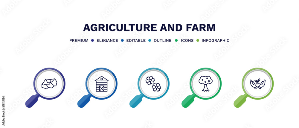set of agriculture and farm thin line icons. agriculture and farm outline icons with infographic template. linear icons such as roak, shed, spring flower, monoculture, planting vector. set of agriculture and farm thin line icons. agriculture and farm outline icons with infographic template. linear icons such as roak, shed, spring flower, monoculture, planting vector.