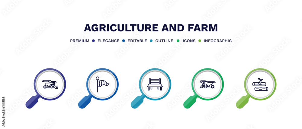 set of agriculture and farm thin line icons. agriculture and farm outline icons with infographic template. linear icons such as harvester, vane, garden bench, combine harvester, wood logs vector. set of agriculture and farm thin line icons. agriculture and farm outline icons with infographic template. linear icons such as harvester, vane, garden bench, combine harvester, wood logs vector.