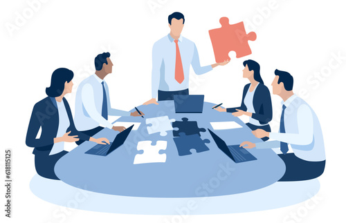 Solution team and the final piece. Leader holds a final piece of puzzle. Solution of the problem. Business vector illustration