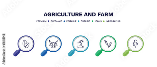 set of agriculture and farm thin line icons. agriculture and farm outline icons with infographic template. linear icons such as oat, ox, plant seeds, carrots, scarecrow vector.