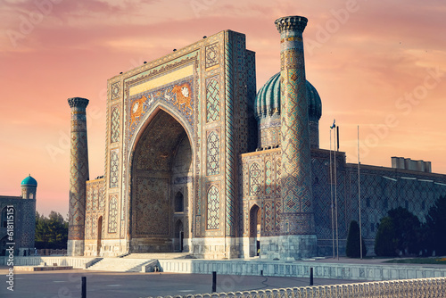 Minaret at Registan public square Samarkand, Uzbekistan photo