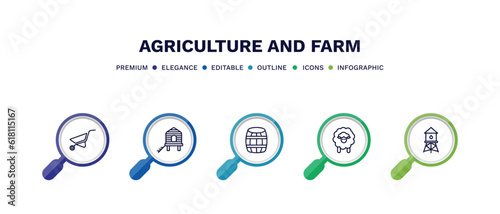 set of agriculture and farm thin line icons. agriculture and farm outline icons with infographic template. linear icons such as barrow, chicken coop, barrell, sheep, water tower vector.