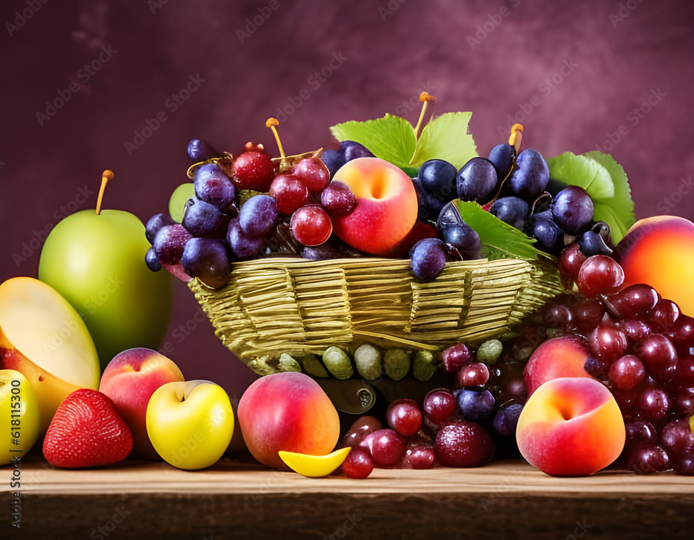 Assortment of juicy fruits in a large bowl on wooden table, natural background. Digital illustration. CG Artwork Background Assortment of juicy fruits in a large bowl on wooden table, natural background. Digital illustration. CG Artwork Background