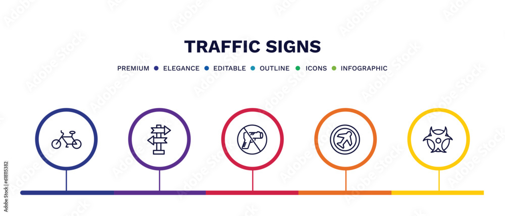 set of traffic signs thin line icons. traffic signs outline icons with infographic template. linear icons such as bicycle, crossroad, no weapons, airport, biological hazard vector. set of traffic signs thin line icons. traffic signs outline icons with infographic template. linear icons such as bicycle, crossroad, no weapons, airport, biological hazard vector.