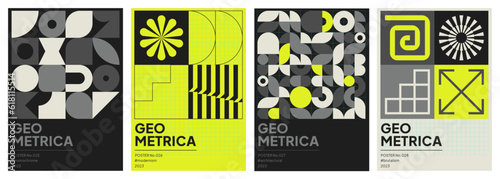 Abstract, modern, geometric, gray, black and yellow backgrounds influenced by Swiss style and brutalism, for posters, covers, prints, banners, layouts, seamless patterns, packaging or brochures.