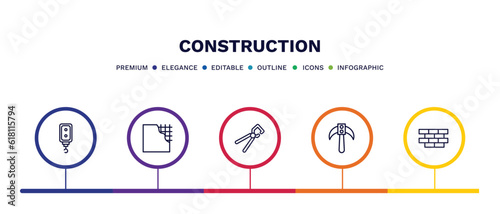 set of construction thin line icons. construction outline icons with infographic template. linear icons such as pulley hook, , big clippers, inclined picker, brickwall vector.