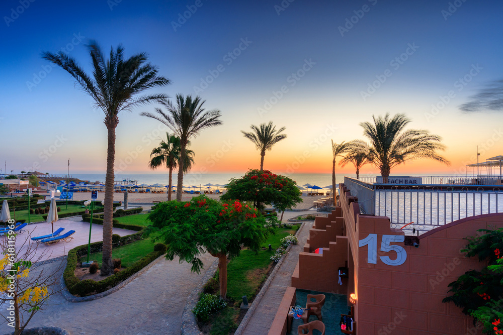 Marsa Alam, Egypt - May 10, 2023: Beautiful beach area of the Akassia ...