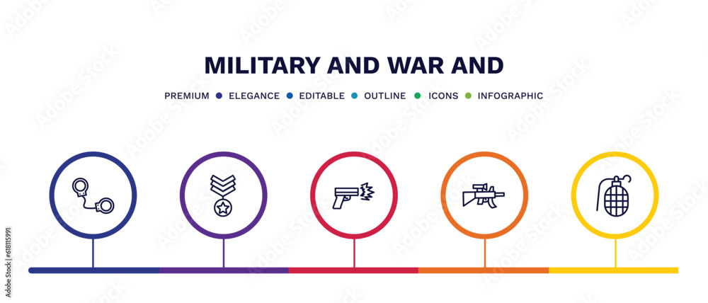 set of military and war and thin line icons. military and war outline icons with infographic template. linear icons such as pair of handcuffs, militar in, gun shooting, assault, granade vector. set of military and war and thin line icons. military and war outline icons with infographic template. linear icons such as pair of handcuffs, militar in, gun shooting, assault, granade vector.