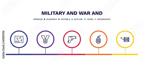 set of military and war and thin line icons. military and war outline icons with infographic template. linear icons such as strategy, medal, pistol, whizbang with rong, time bomb with clock vector.