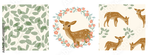 Pattern and print set with elegant deer with floral frame, greenery. Vector illustration © Anastasia