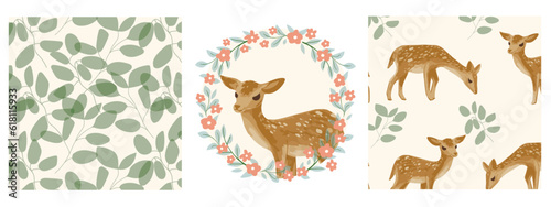 Pattern and print set with elegant deer with floral frame, greenery. Vector illustration