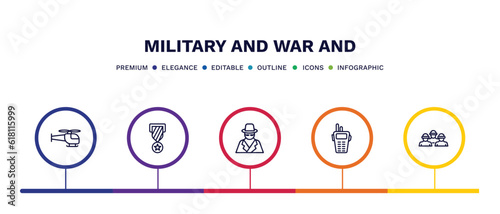 set of military and war and thin line icons. military and war outline icons with infographic template. linear icons such as helicopter, veteran, secret agent, walkie talkie, brigade vector.