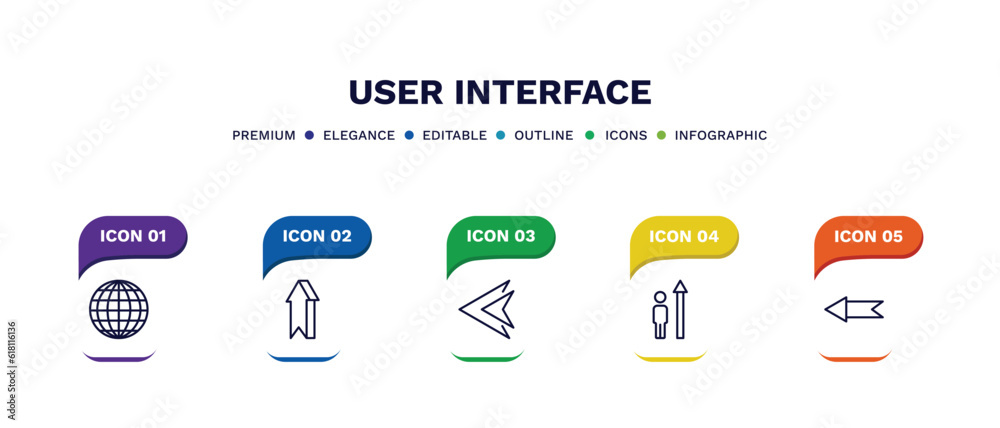 Naklejka premium set of user interface thin line icons. user interface outline icons with infographic template. linear icons such as worldgrid, 3d up arrow, arrowheads, increase success, back arrow vector.