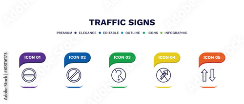 set of traffic signs thin line icons. traffic signs outline icons with infographic template. linear icons such as no entry, no waiting, no doubt, fireworks, two ways vector.
