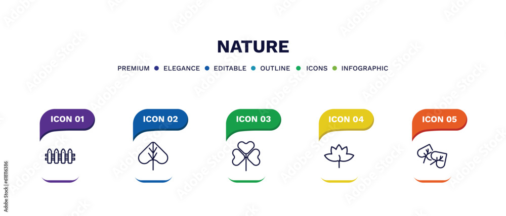 set of nature thin line icons. nature outline icons with infographic template. linear icons such as fences, linden leaf, trifoliate ternate, liquidambar leaf, cercis leaf vector. set of nature thin line icons. nature outline icons with infographic template. linear icons such as fences, linden leaf, trifoliate ternate, liquidambar leaf, cercis leaf vector.