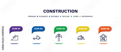 set of construction thin line icons. construction outline icons with infographic template. linear icons such as inclined, trolley truck, inclined picker, little snowplow, interior de vector.