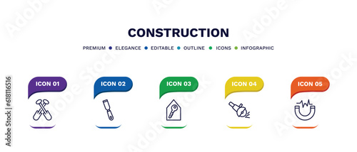 set of construction thin line icons. construction outline icons with infographic template. linear icons such as two shovels, , home key, inclined magnet
