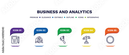 set of business and analytics thin line icons. business and analytics outline icons with infographic template. linear icons such as workbook, 3d location graph, market research, legal, dot vector.
