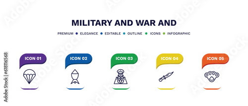 set of military and war and thin line icons. military and war outline icons with infographic template. linear icons such as parachute, depth charge, general, combat knife, knuckle vector.