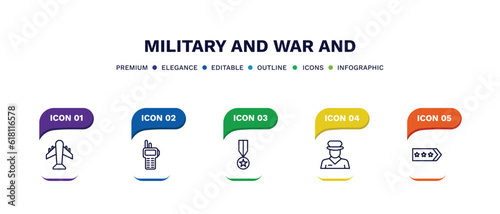set of military and war and thin line icons. military and war outline icons with infographic template. linear icons such as plane, two way radio, condecoration, officer, shoulder strap vector.