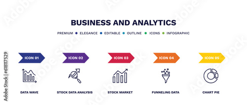 set of business and analytics thin line icons. business and analytics outline icons with infographic template. linear icons such as data wave, stock data analysis, stock market, funneling data,