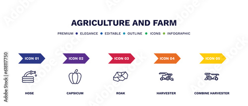 set of agriculture and farm thin line icons. agriculture and farm outline icons with infographic template. linear icons such as hose, capsicum, roak, harvester, combine harvester vector.