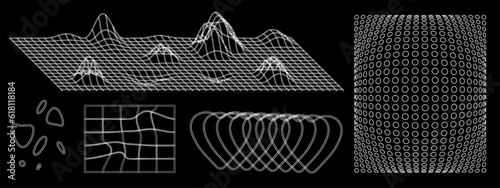 Abstract futuristic objects and meshes. Vector illustration of digital landscape with hills and mountains. Drawing of convex and warped shapes.
