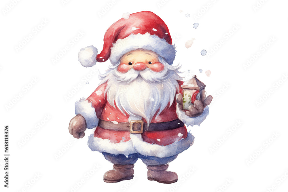 Watercolor Christmas cute Santa on white isolated PNG 