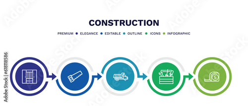 set of construction thin line icons. construction outline icons with infographic template. linear icons such as big clo, wood saw, , tool bag, five meters ruler vector.
