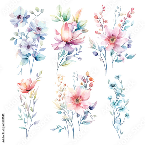 Fototapeta Naklejka Na Ścianę i Meble -  Dreamy Watercolor Fairy Flowers on a White Background