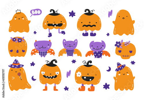 Set of cute funny happy ghosts, pumpkins and bats. Baby creepy boo characters for kids. Magic scary spirits with emotions and facial expressions.
