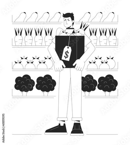 Unhappy man in grocery store bw concept vector spot illustration. Man hold package with goods 2D cartoon flat line monochromatic character for web UI design. Editable isolated outline hero image