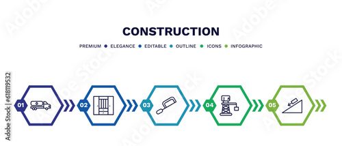 set of construction thin line icons. construction outline icons with infographic template. linear icons such as fuel truck, big clo, , derrick with boxes, inclined vector.