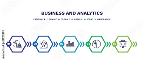 set of business and analytics thin line icons. business and analytics outline icons with infographic template. linear icons such as debt, email analytics, bar stats, circular chart, dress code
