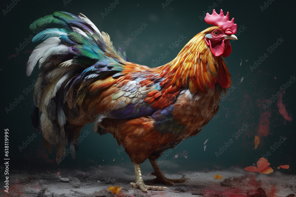 Image of colorful chicken standing on nature background. Farm animal. illustration, generative AI.