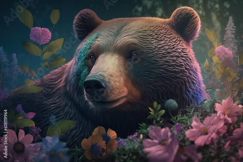 Image of a bear surrounded by colorful tropical flowers. Wildlife Animals. Illustration, Generative AI.